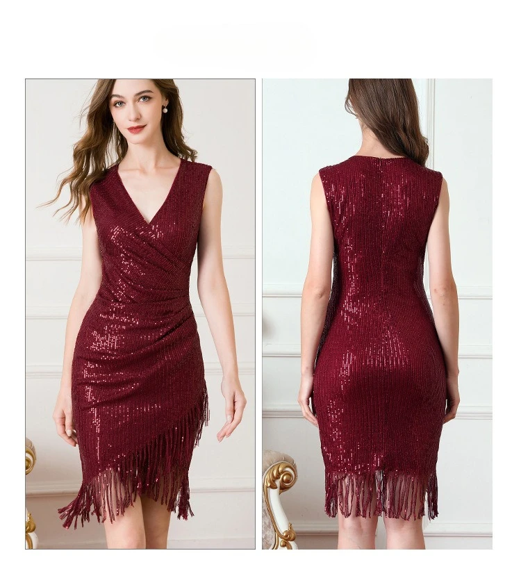 세련되고 타이트한 딥 V넥 섹시 드레스, 스팽글, 태슬, 언밸런스 밑단 디자인으로 모든 종류의 댄스 파티에 적합합니다.