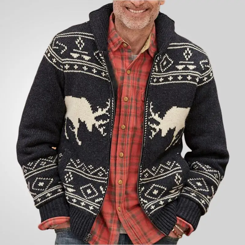 

Autumn Winter Men's Knitted Long Sve Sweater Bla Deer Embroidery Zipper Closure Faionable Casual Wear Straight Cut Fit