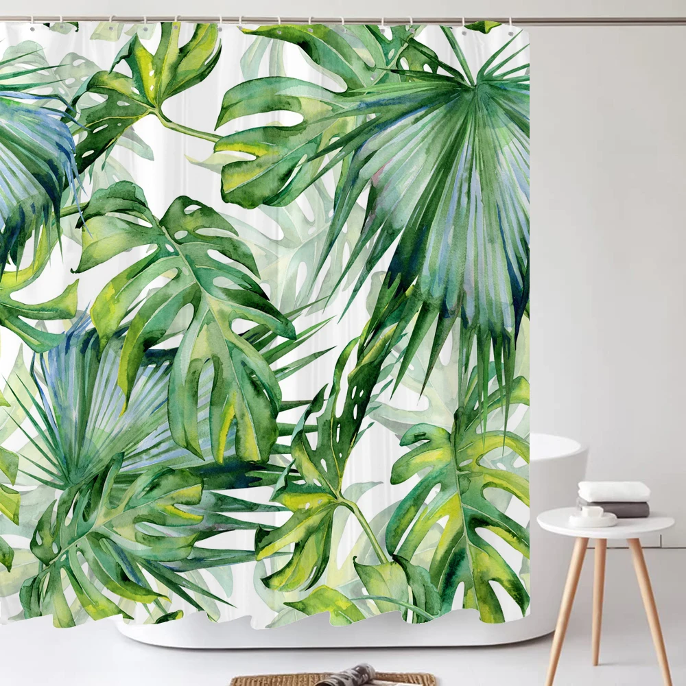 High Quality Green Plant leaves Fabric Shower Curtain Waterproof Monstera leaf Bath Curtains for Bathroom Decor with Hooks