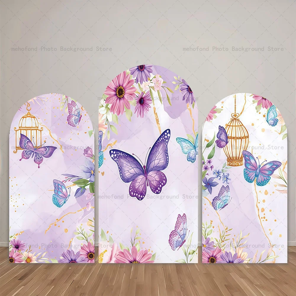 

Фон с аркой Mehofond, фиолетовые бабочки, свежие цветы, Золотая клетка, детский декор для дня рождения, студийный фон для фотосъемки