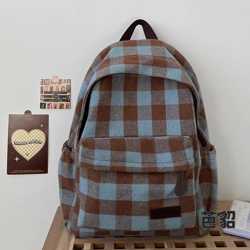 Plaid Backpack Women's Retro Japanese Style Artistic Middle School Double Shoulder Bag Korean Version School Bag Fashion Fitness