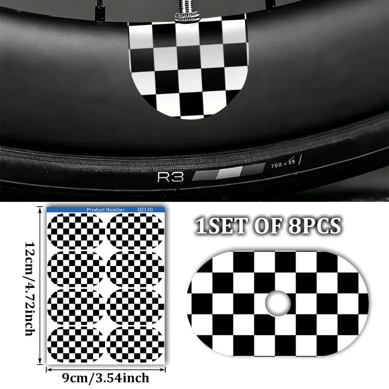 8Pcs Black White Checkered Bike Wheel Air Nozzle Damper Decor Stickers, Waterproof Self-Adhesive Rim Protective Decals