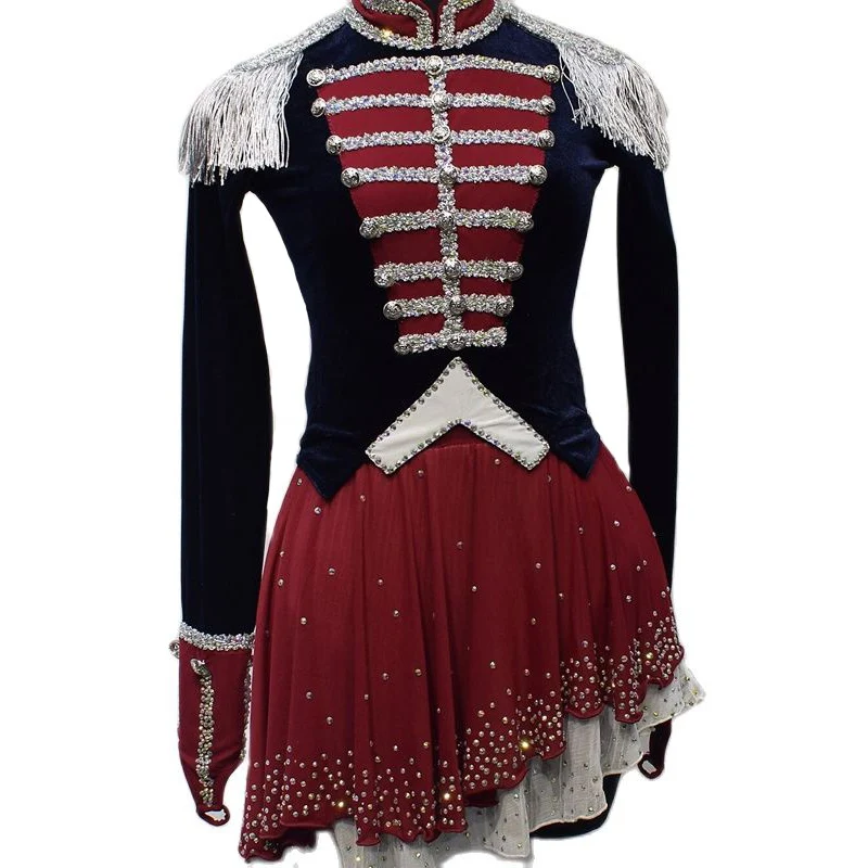 Girls Figure Skating Dress Outfits Handmade Crystal Red Patchwork Long Sleeve Spandex Women Ice Skating Skirt Dance Costume