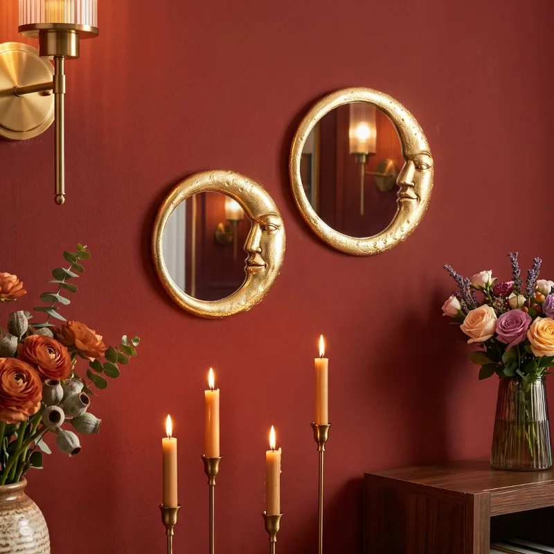 Creative Face Crescent Moon Round Decorative Hanging Mirrors Background Wall Decorative Home Art Pendant Bedroom Makeup Mirror