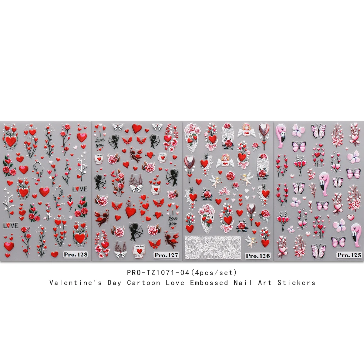 4 pièces saint valentin dessin animé amour français gaufrage Nail Art autocollants-faciles à appliquer pour la décoration des ongles, autocollants artistiques, bricolage, cadeaux,