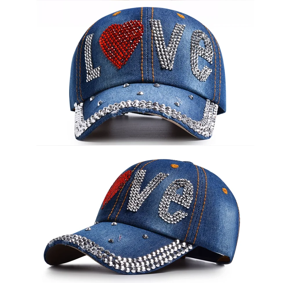 Denim Baseball Cap For Women Retro Rhinestone Love Fashion Cowboy Summer Sun Hat Snapback Caps Casual Outdoor New