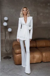 Conjunto de calças de casamento brancas femininas, calça blazer plus, algodão formal, smalking de baile, jaqueta senhora do escritório, casaco com cinto, personalizado