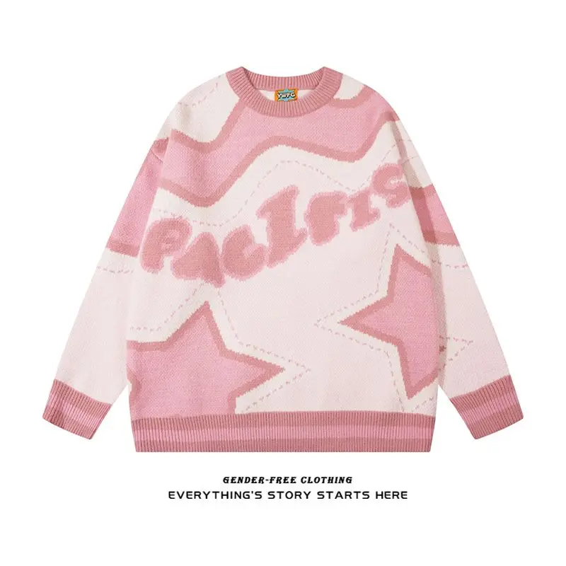 Harajuku Star Knitted Sweater Autumn Winter Womens Oversized Couple Tops Retro Loose Jacquard Pullover Sweaters свитер