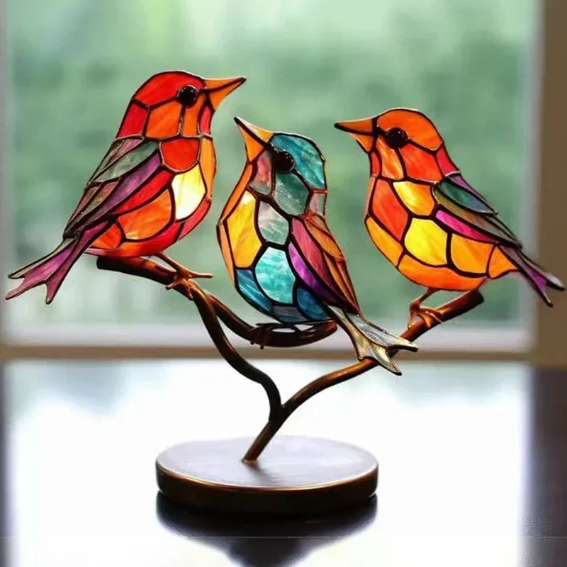 

2/3/5bird Stained Acrylic Birds Branch Desktop Ornaments Double Sided Multicolor Style Craft Statue Ornaments Desktop Decoration