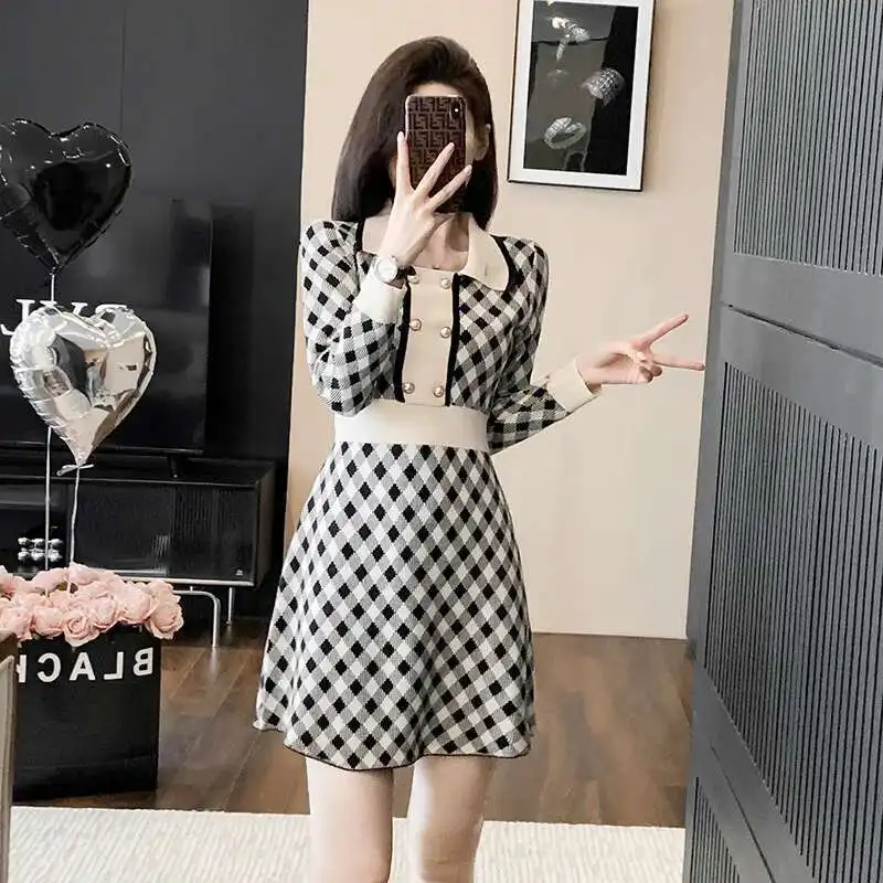 #0943 Knitted Sweater Dress Women Polo Collar Buttons Mini Dress Female Slim Fit Sexy Vintage Short Dress Ladies A-line Retro
