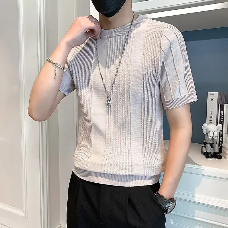 

Summer Thin Ice Silk Knitted ort Sve T-irt Loose Casual f Sve irt for Men Breathable Lightweight round Ne Top