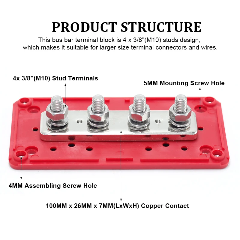 4 Way Busbar 300A 12V DC Marine Insulated Junction Post 4* 3/8\