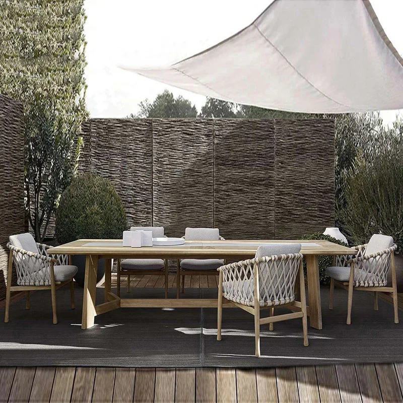 Summer Tropical Vacation Furniture Set Braided Rope Outdoor Teak Dining Table and Chairs