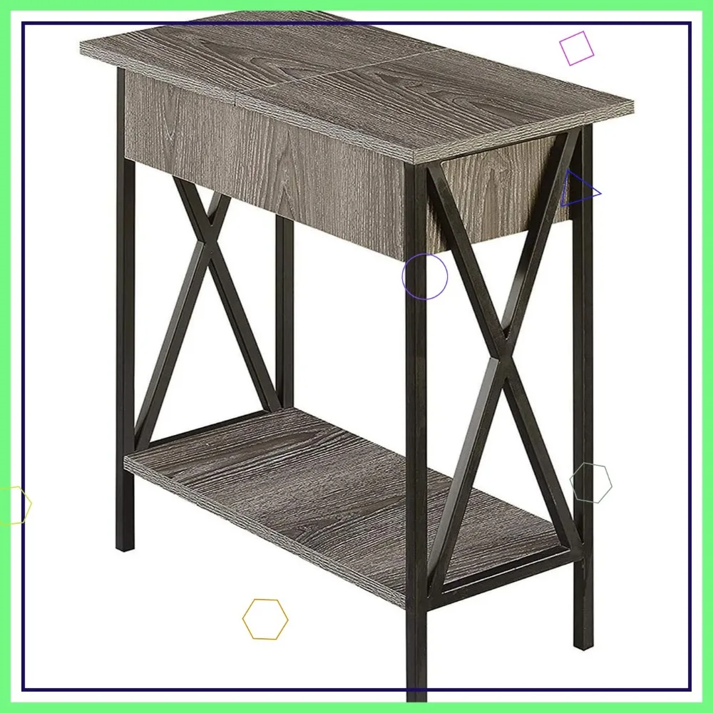 Modern Flip Top End Table with Charging Station and Storage Shelf, Weathered Gray Finish for Living Room
