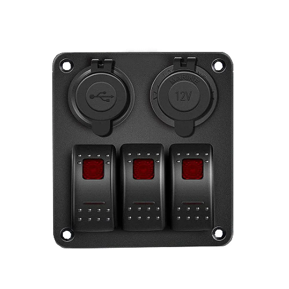 3 Bende 12V/24V Led Rocker Switch Panel Dual Usb Poort Sigarettenaansteker Socket On Off Schakelaar Paneel Voor Auto 'S Rvs Boten Jachten