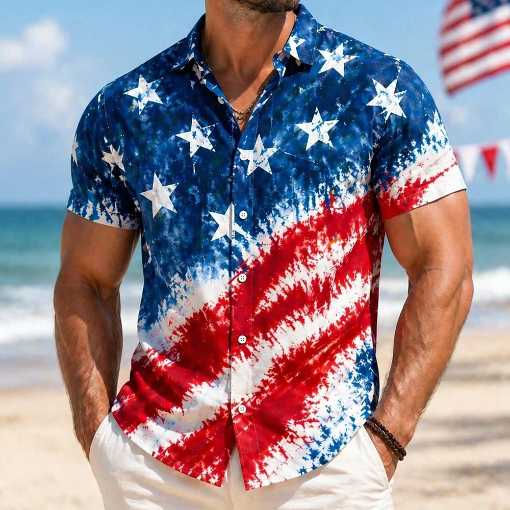 

Men's Vintage Flag Printed Lapel Button up Short Sleeve Shirt Independence Day Casual Streetwear plus Size Men's Clothing