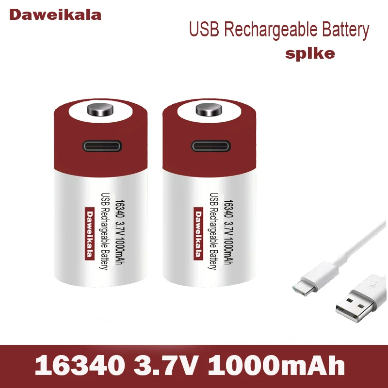 New USB Fast Charging Original 3.7V CR123A Rechargeable Lithium Battery 16340 Li-ion Battery Large Capacity 1000 mAh Type -C