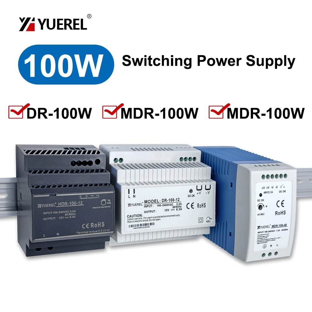 Output 12V 24V 48V 8.3A 4.2A 3.83A 1.92A 7.5A 4A 2.1A HDR DR MDR100W DIN Rail Mounted Single Output DC Switching Power Supply