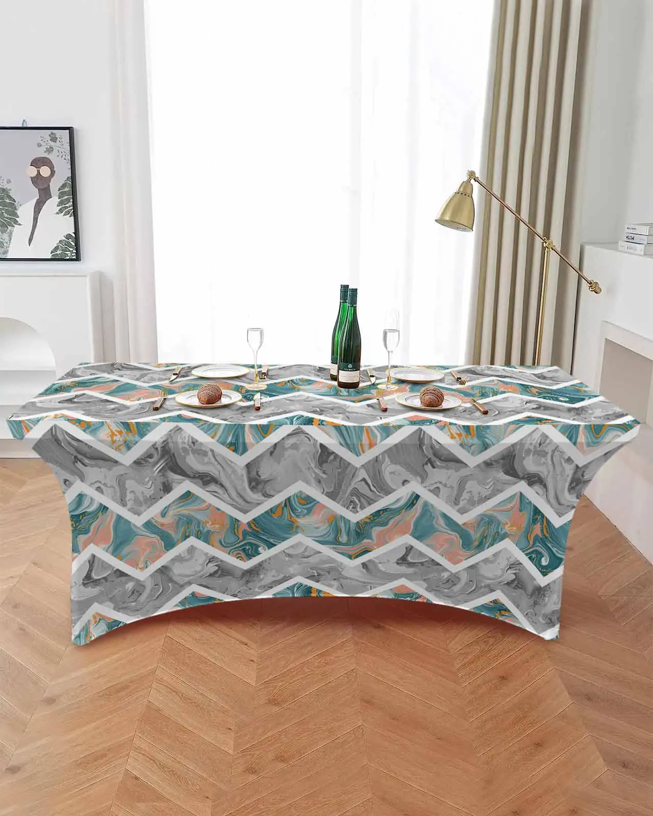 Abstract Marble Texture Retro Rectangular Elastic Table Skirt Wedding Hotel Table Cover Holiday Dining Table Tablecloth