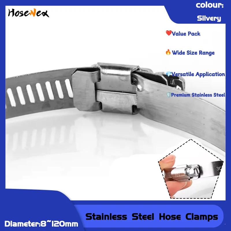 Colliers de serrage en acier inoxydable, 8-120mm, Clips d'engrenage d'entraînement à vis sans fin réglables pour tuyau d'air et d'eau de carburant, colliers marins automobiles, 5/10 pièces