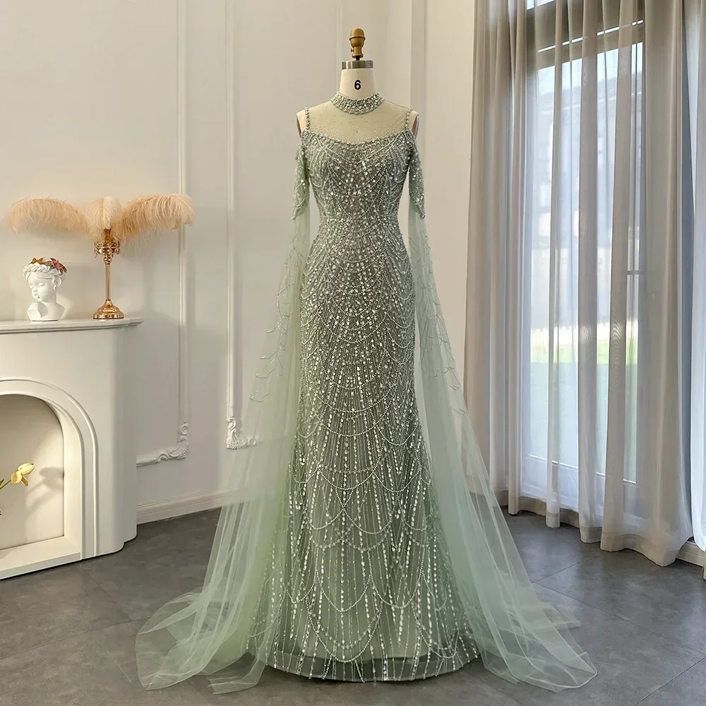 

Green Mermaid Luxury Dubai Evening Dress with Cape Sleeves Elegant Women Purple Wedding Formal Party Gown Formal Fashion Sexy