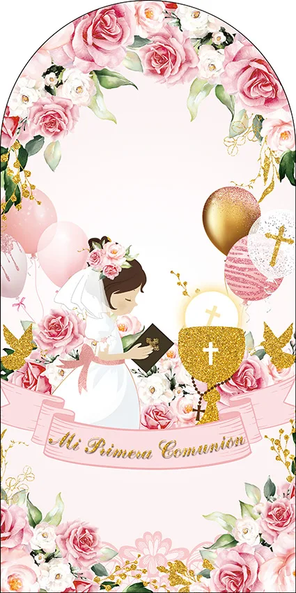 Mehofond فتاة المعمودية خلفية مقوسة Mi Primera Comunión زهرة الذهب عبر بالون ديكور التعميد خلفية 2-الجانب الدعامة