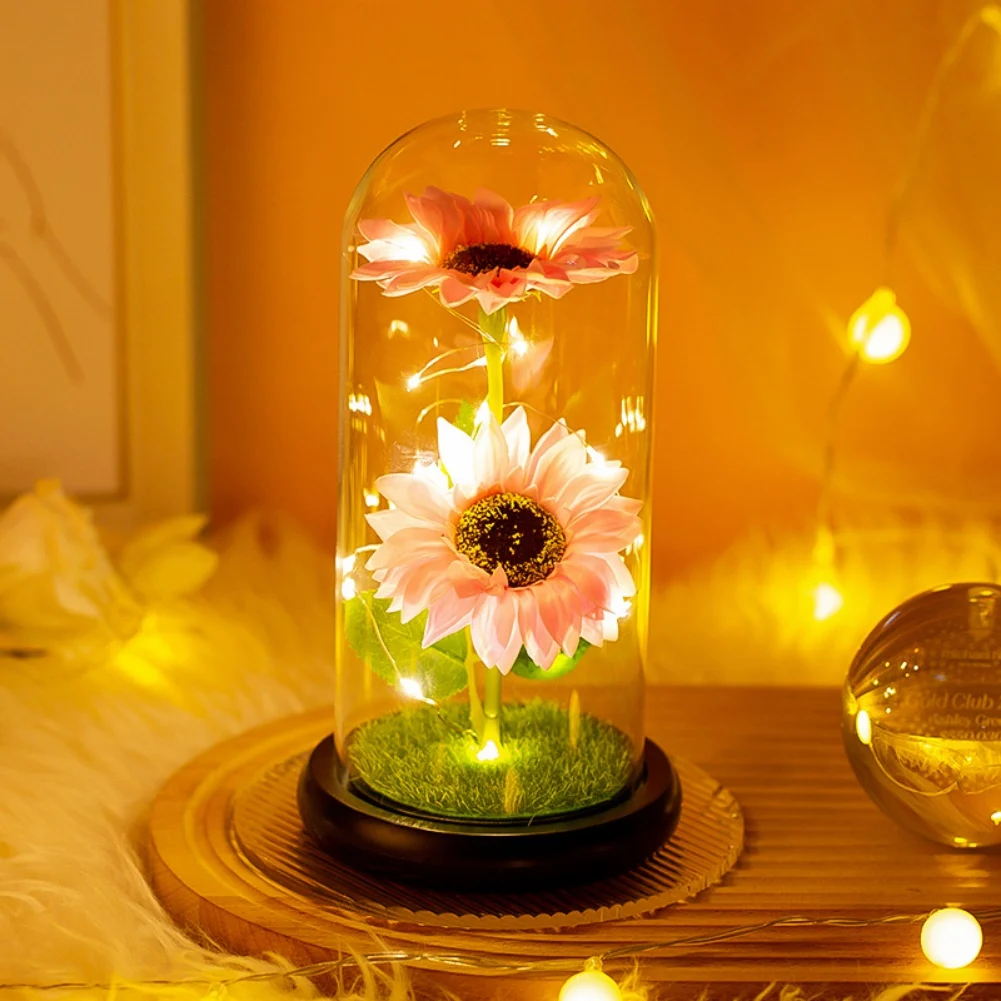 Valentine\'S Day Gift Led Light Simulation Rose Glass Cover Valentine\'S Day Decor Tulip Microlandscape Eternal Rose Home Decor