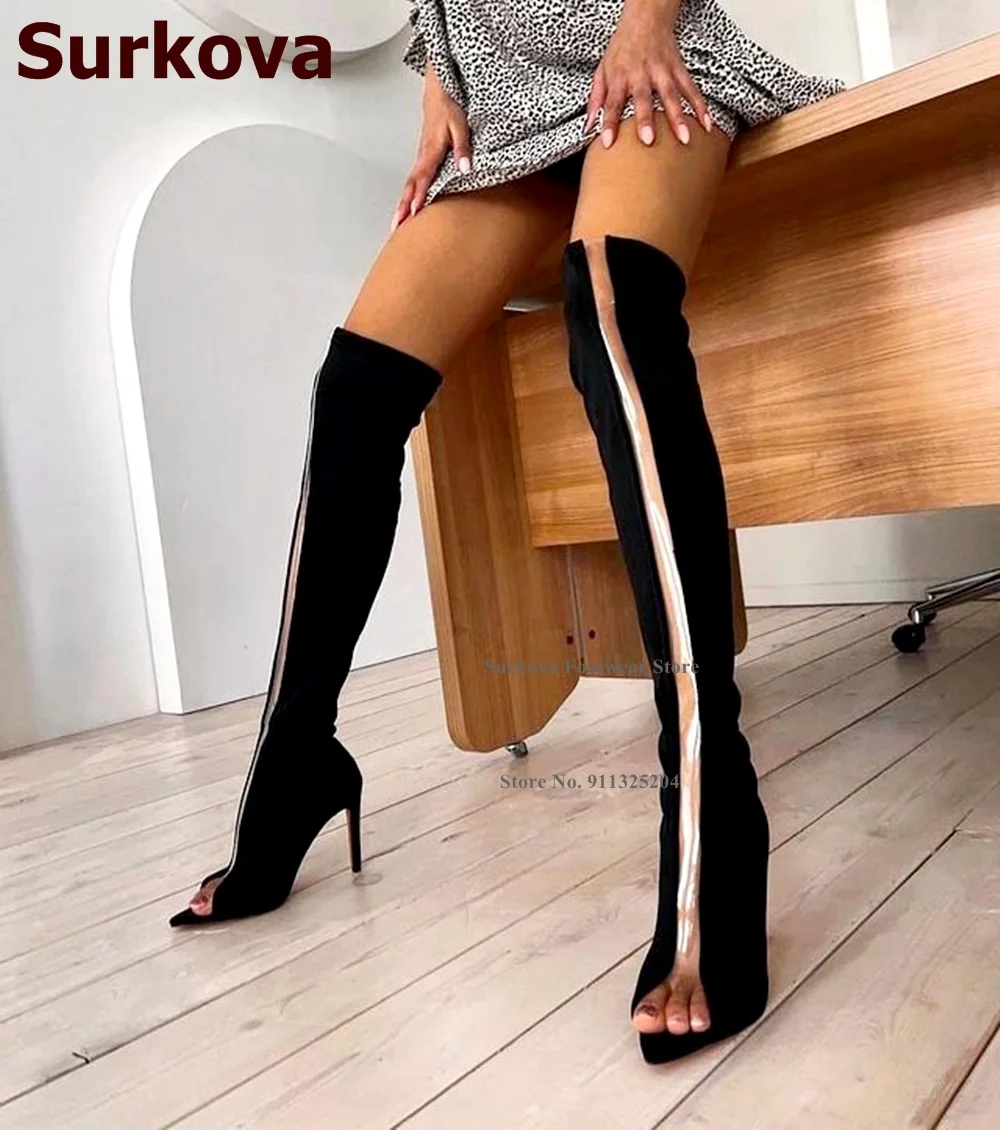 Surkova stivali sopra il ginocchio Patchwork in PVC trasparente Lycra elasticizzato nero donna Sexy tacco alto punta aperta stivali lunghi sandalo