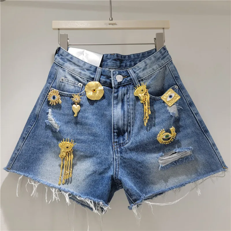 American Metal Buckle Hole Tassel Blue Short Jeans Hot Girls New Spring Summer All-match High Waist Loose Wide Leg Denim Shorts