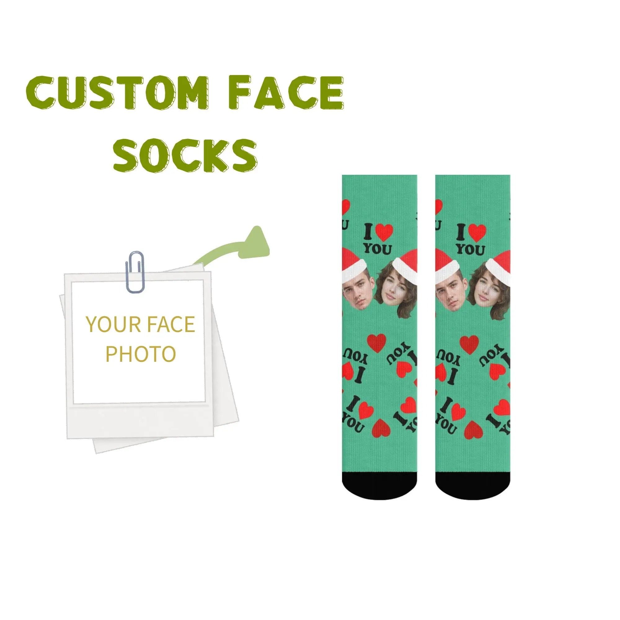 

Personalized Christmas Couple Socks Custom People Face "I Love YOU" & Santa Hats on Green Romantic Xmas Gift for Him or Her