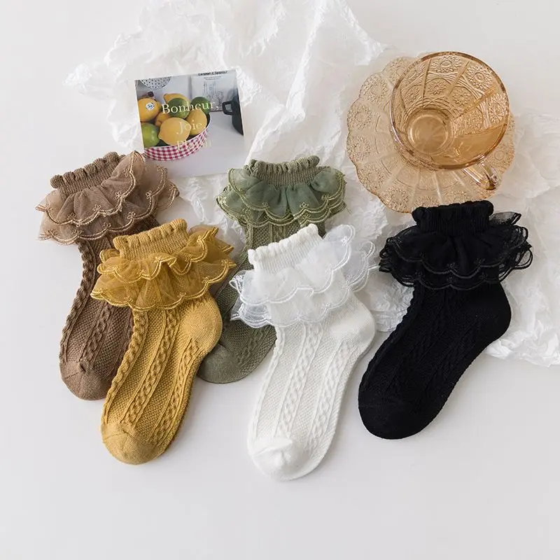 Double Layered Lace Children Lace Socks White Princess Children Cotton Girls Latin Dance Socks Girls Black Dance Socks