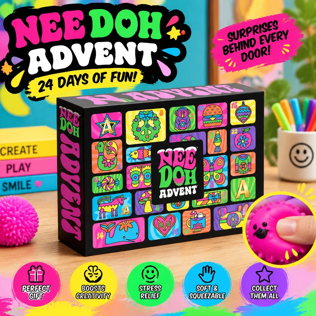 2026 NeeDoh Advent Calendar 24Pcs Christmas Countdown 3D PVC Fidget Doll Squishy Sensory Toy Surprise New Year Gift