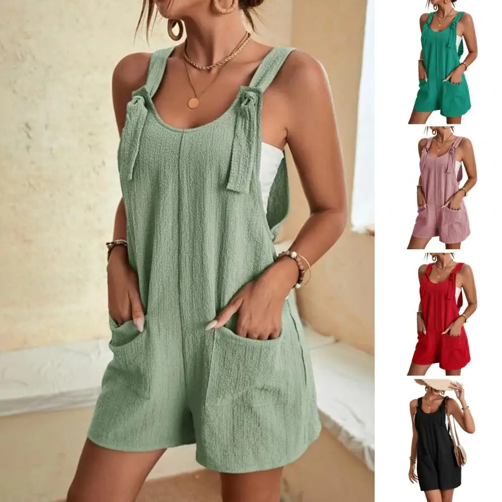 

Women's Summer Short Overalls With Pockets Sleeveless Tie Knot Strap Rompers Loose Fit Wide Leg Jumpsuit For Daily Wear 반바지 점프슈트