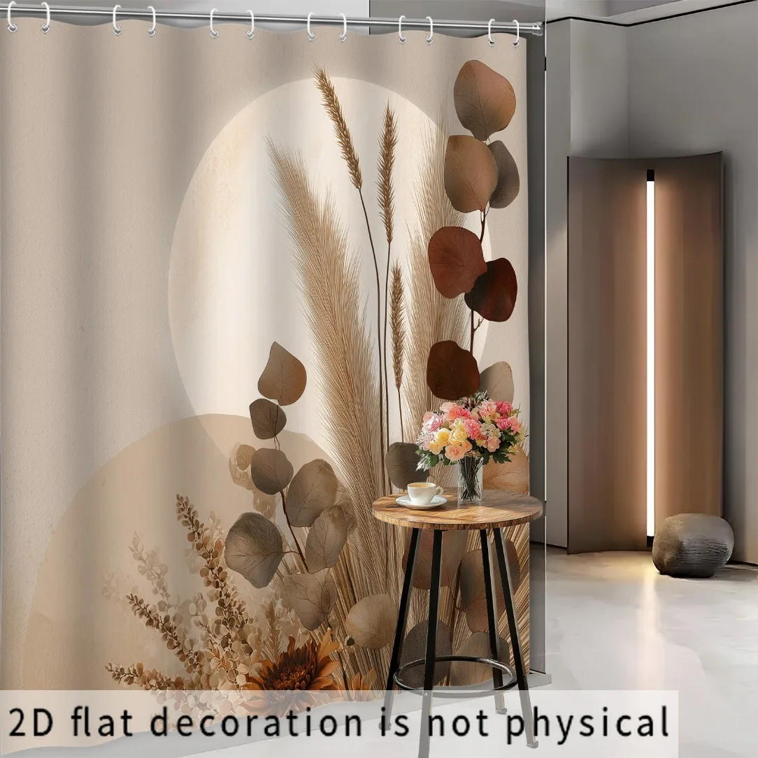 Boho Dried Flower Shower Curtain, Pampas Grass & Eucalyptus Print Waterproof Bathroom Decor, Neutral Bohemian Home Bath Screen