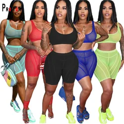 Prowow Sexy Women Clothing Set Tracksuits Sheer Mesh Crop Tops Shorts Two Piece Fitness Outfits Summer Lady Sporty Suits