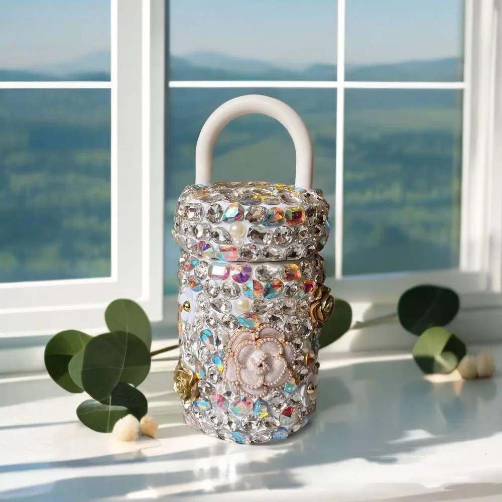 Diamond Bling Rhinestone 420ML Women's Thermal Travel Mug Vacuum Insulated Glittering Handle Cup for Girls