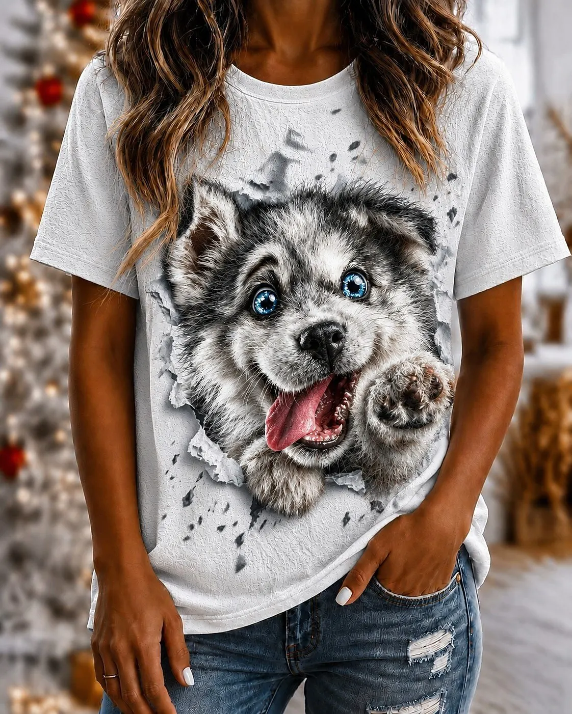 Women's Spring Summer 3D Printed Crew Neck T Shirt, Ripped Paper Cute Husky Puppy Animal Graphic Daily Casual Top