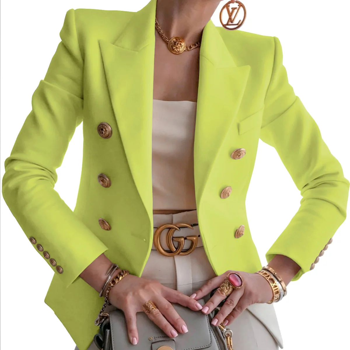 Blazer de doble botonadura para mujer, Chaqueta de traje elegante de manga larga, a la moda, color blanco y negro, para oficina, Invierno