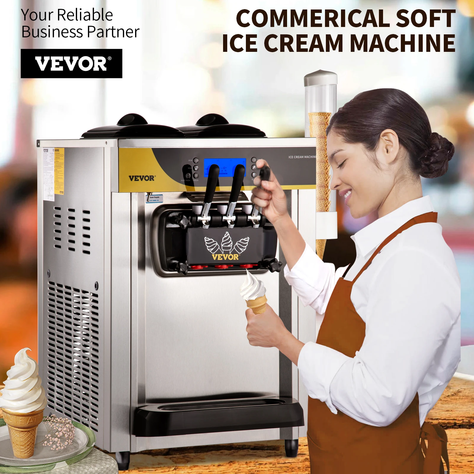 VEVOR 22-30 L/H Soft Ice Cream Machines Commercial Tricolor Desktop Sweet Cone Freezing Equipment Vending Machine