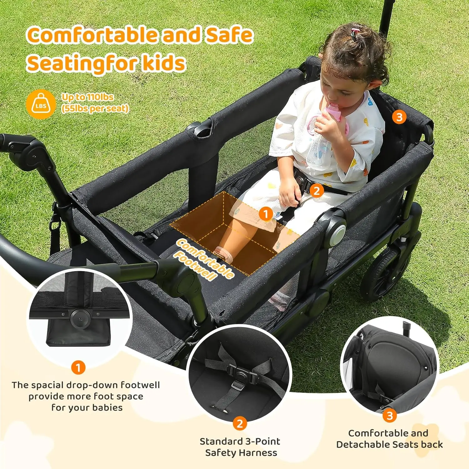 Foldable All-Terrain Wagon Stroller for 2 Kids with Removable Canopy, Adjustable Handle & Storage