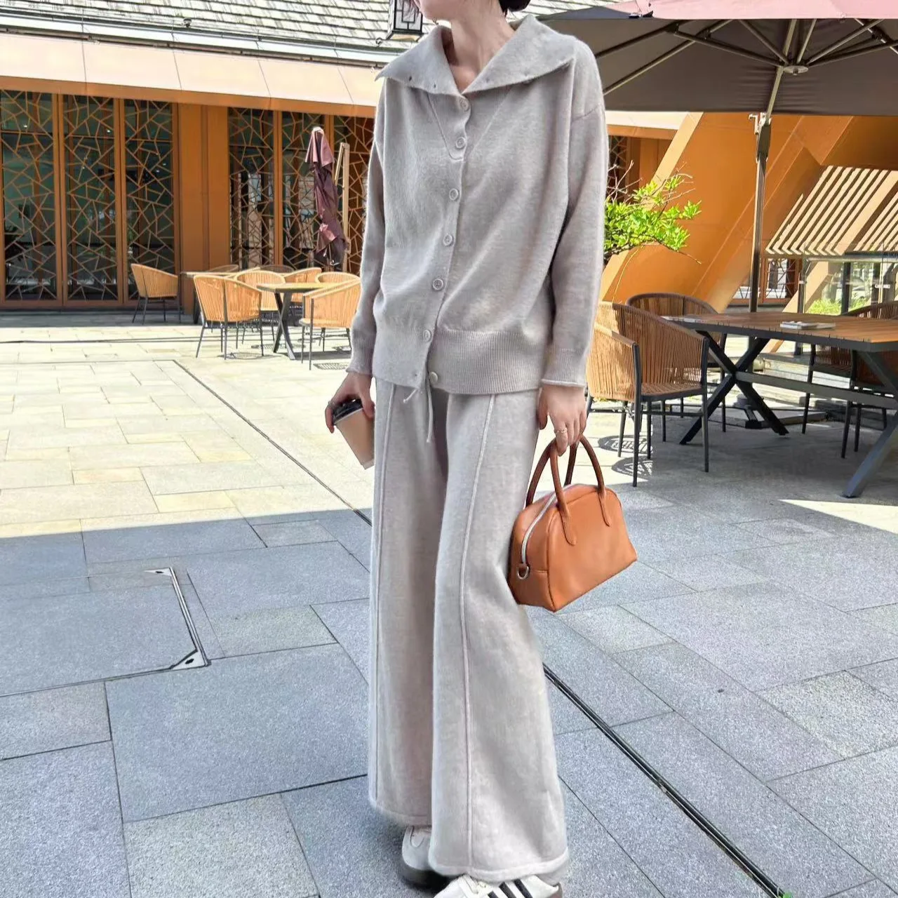 秋の新作ファッション レディース 無地 エレガント カジュアル トレンド シンプル ベーシック ニット 2点セット ターンダウンカラー セーター パンツ