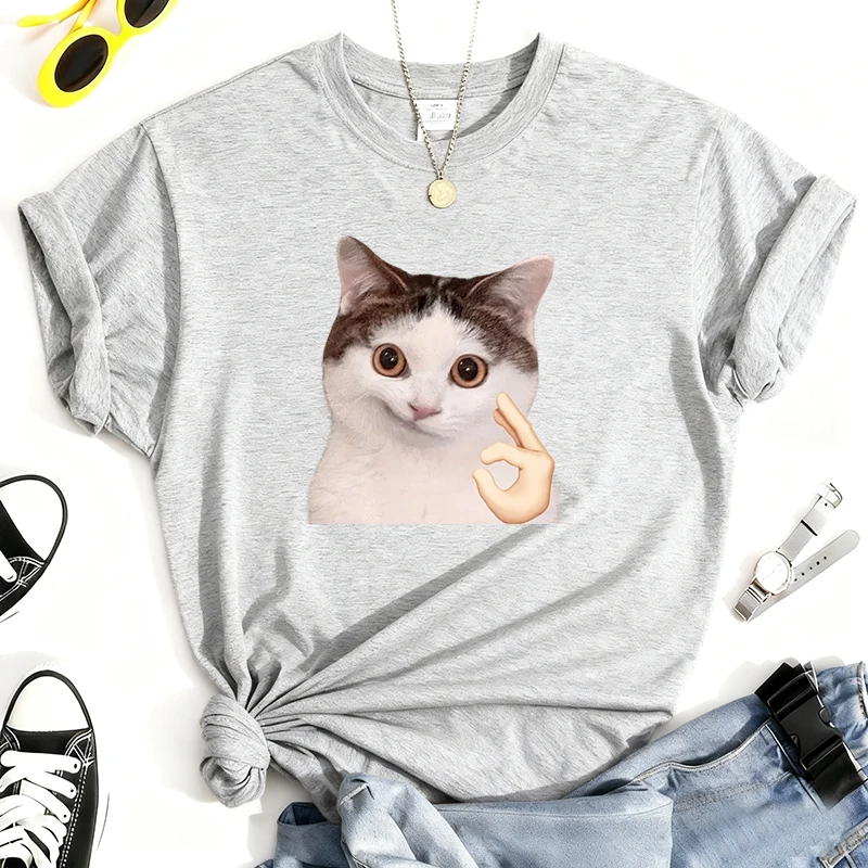 تي شيرت 100% من القطن الخالص مطبوع عليه قطة مضحكة برقبة دائرية، قميص كاجوال بأكمام قصيرة كل يوم لجميع المواسم، ملابس نسائية