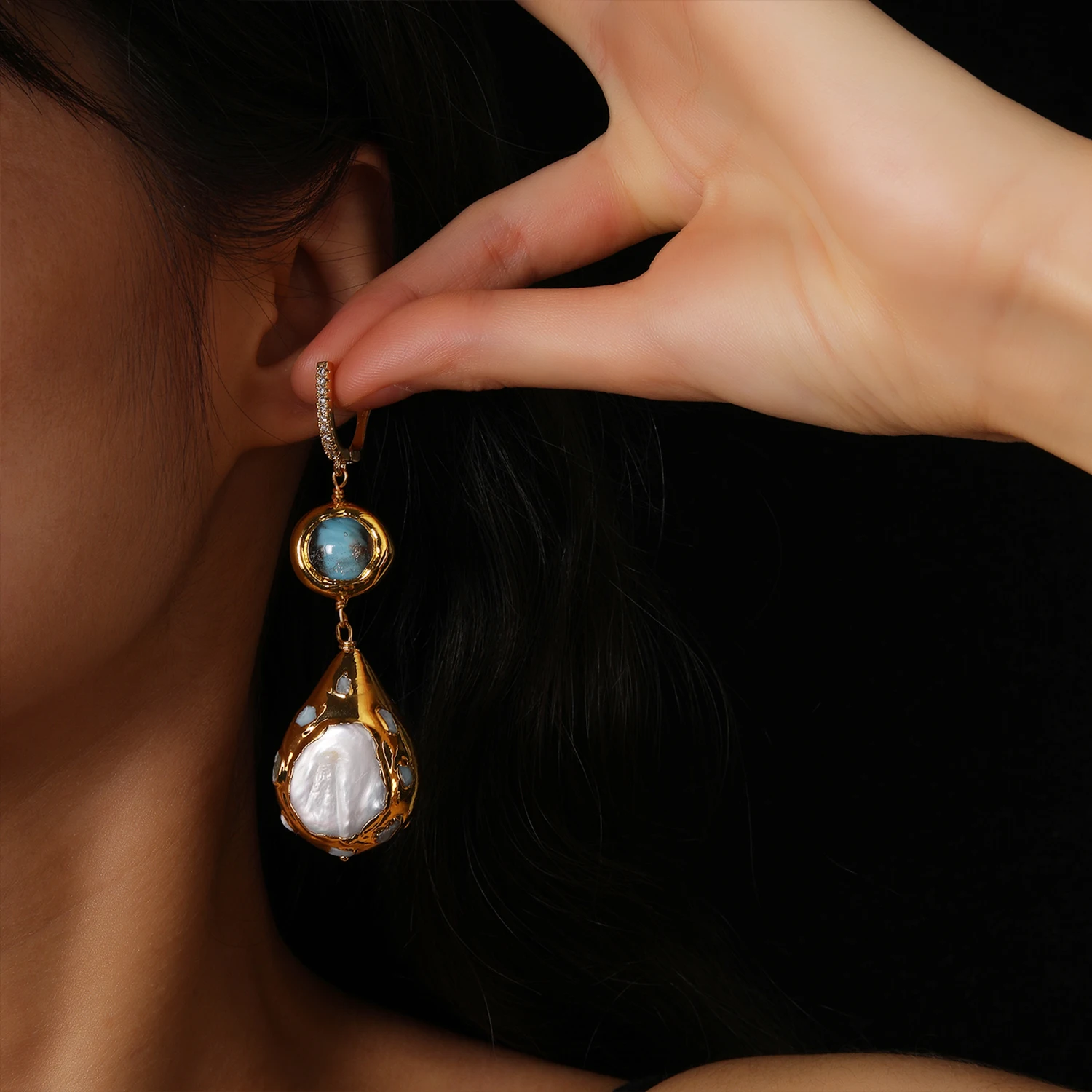 Natural Cultured White Pearl And Larimar Blue Murano Earrings Hand-Made Pendant Gemstone Jewelry for Party Daily Wear