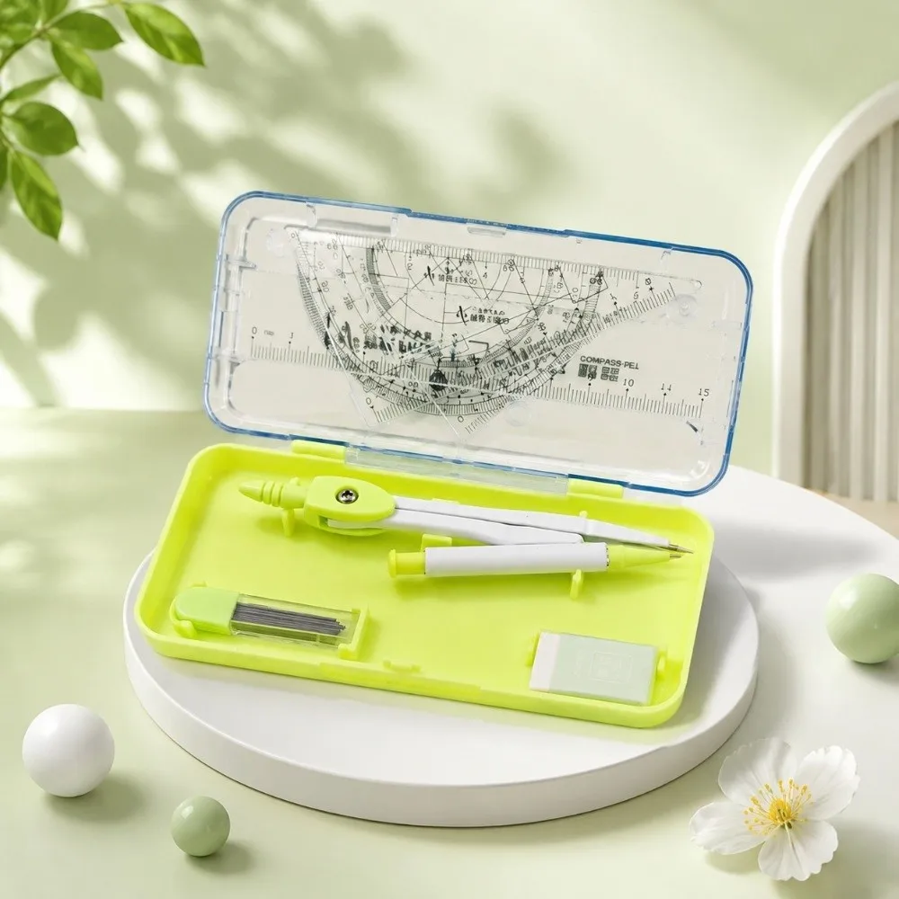 2/7pcs Portable Tulip Student Compass Set Clear Scale Measuring Rulers Portable Math Drawing Tool Geometry Compass Ruler Gift