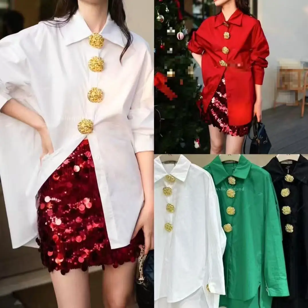 الجديد في قمصان قطنية غير رسمية فضفاضة متوسطة الطول بلوزات للنساء لربيع وخريف 2025 قميص علوي ملابس نسائية كورية شعبية