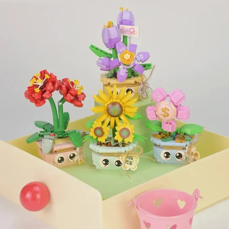 Flower Succulents Building Blocks Bonsai Flower Gardens Romantic DIY Potted Plants Bouquet Model Bricks Toys Gifts