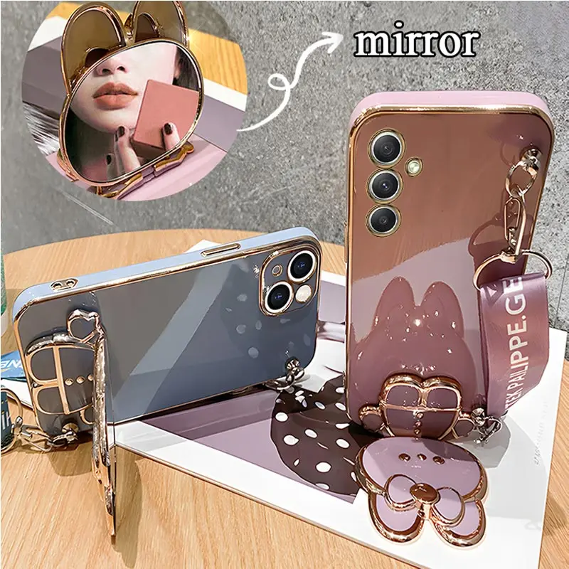 Mirror Crossbody Lanyard Phone Holder Case For Samsung Galaxy A05 A05S A14 A54 A04 A34 A24 M14 4G 5G Stand Strap Cover