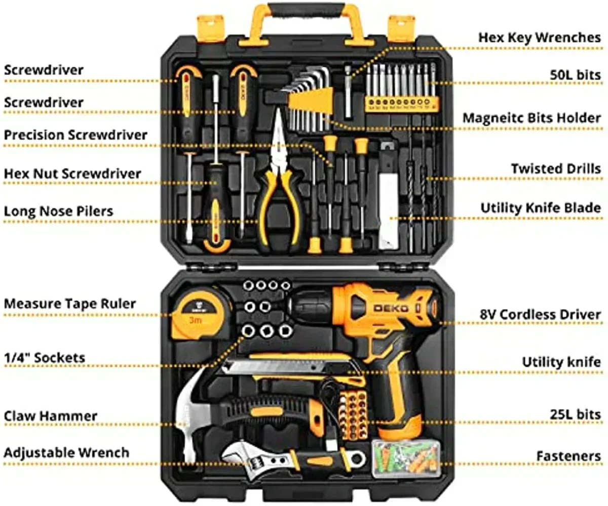 for DEKOPRO 126 Piece Power Tool Combo Kits with 8V Cordless Drill, 10MM 3/8'' Keyless Chuck, Professional Household Home Tool