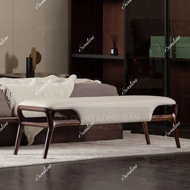 Italian light luxury leather bedside stool solid wood simple bedside stool