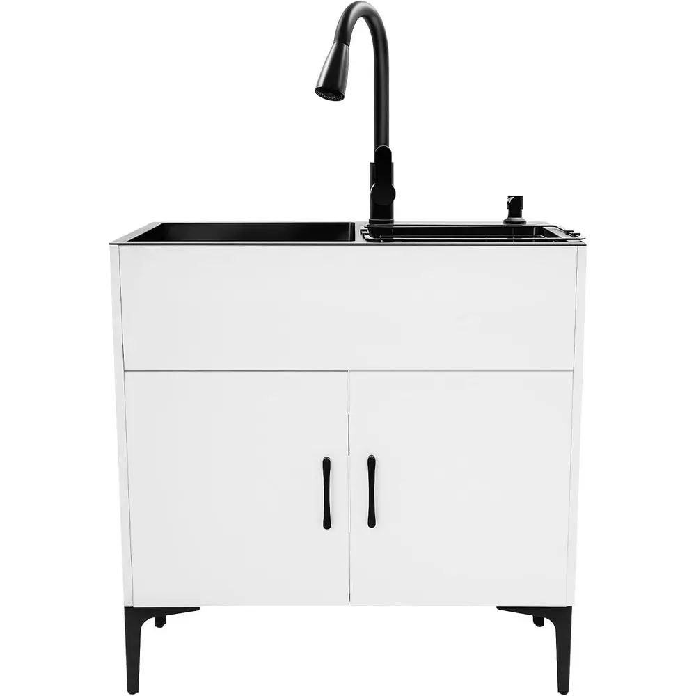 

30-Inch Laundry Sink with Cabinet and Pull-Out Faucet, Stainless Steel Utility Sink with Cabinet, Freestanding White Cabinet wit